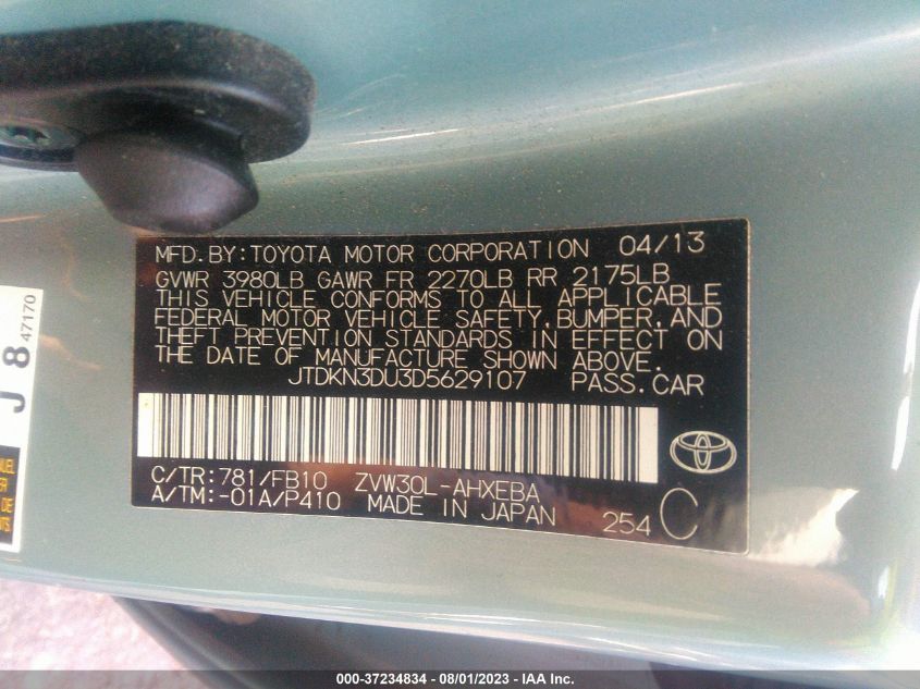 2013 TOYOTA PRIUS - JTDKN3DU3D5629107