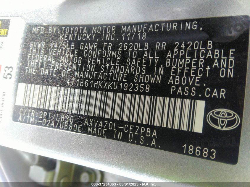 2019 TOYOTA CAMRY XSE - 4T1B61HKXKU192358