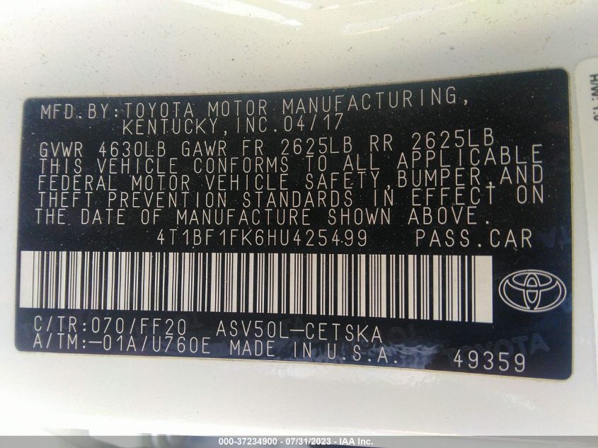 2017 TOYOTA CAMRY XLE/SE/LE/XSE - 4T1BF1FK6HU425499