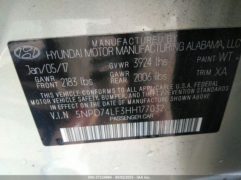 2017 HYUNDAI ELANTRA SE - 5NPD74LF3HH177032