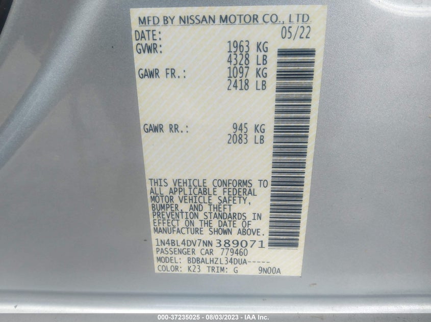 VIN 1N4BL4DV7NN389071 2022 NISSAN ALTIMA 2.5 SV