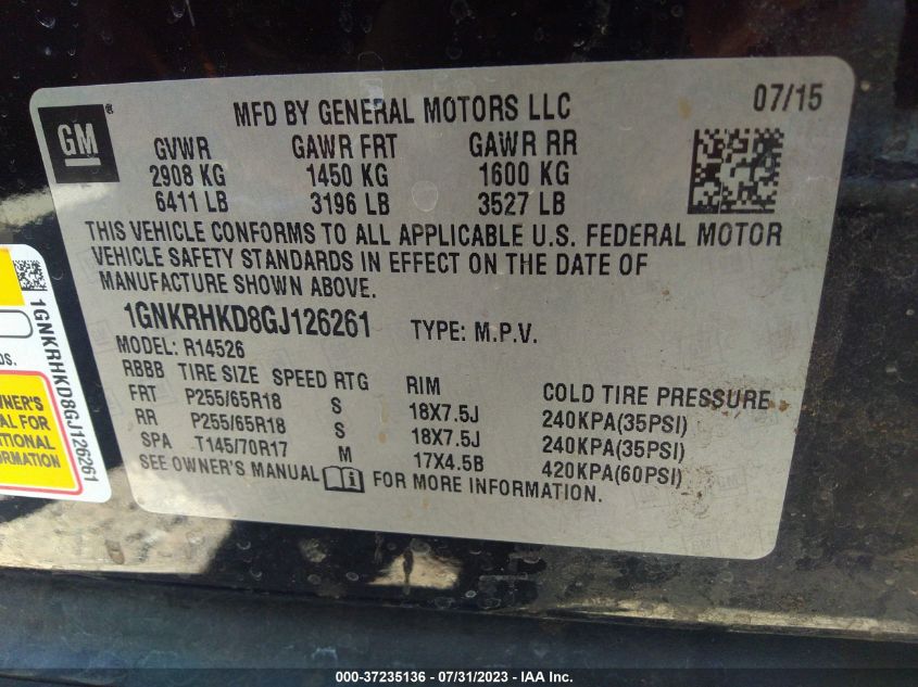2016 CHEVROLET TRAVERSE LT - 1GNKRHKD8GJ126261