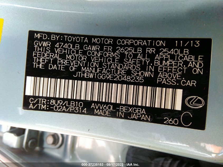 2014 LEXUS ES 300H HYBRID JTHBW1GG9E2048235