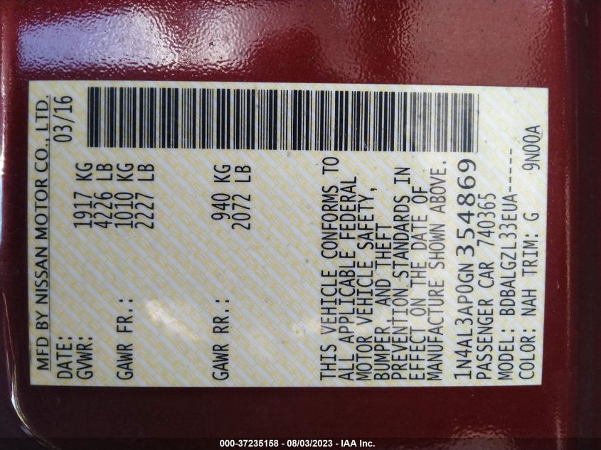 2016 NISSAN ALTIMA 2.5 - 1N4AL3AP0GN354869
