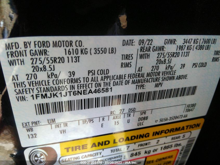 2022 FORD EXPEDITION MAX XLT - 1FMJK1JT6NEA46581