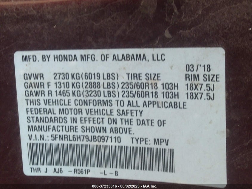 VIN 5FNRL6H79JB097110 2018 HONDA ODYSSEY EX-L
