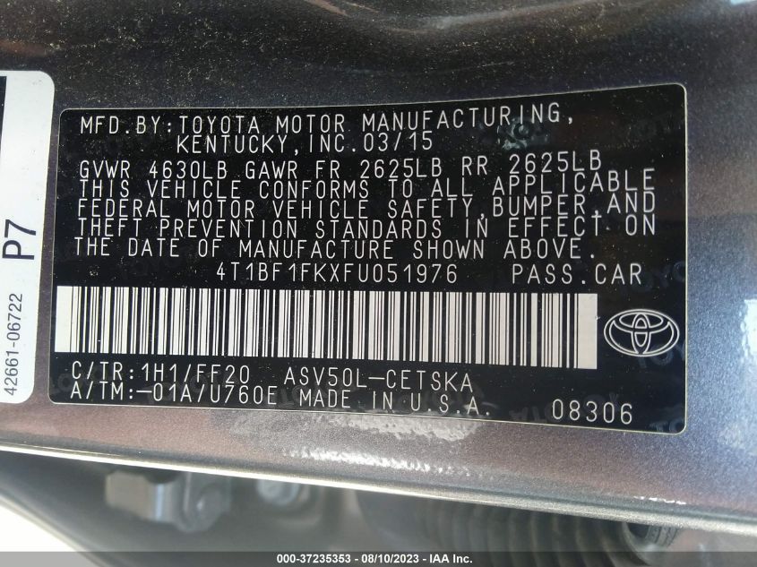 2015 TOYOTA CAMRY XLE/SE/LE/XSE - 4T1BF1FKXFU051976