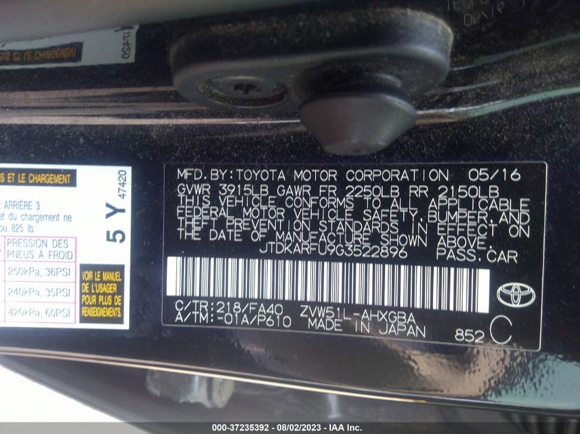 2016 TOYOTA PRIUS FOUR - JTDKARFU9G3522896