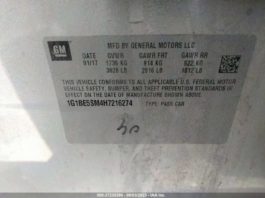 2017 CHEVROLET CRUZE LT - 1G1BE5SM4H7216274
