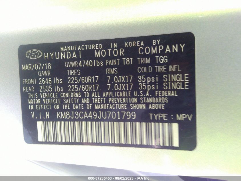 2018 HYUNDAI TUCSON LIMITED/SPORT AND ECO/SE - KM8J3CA49JU701799