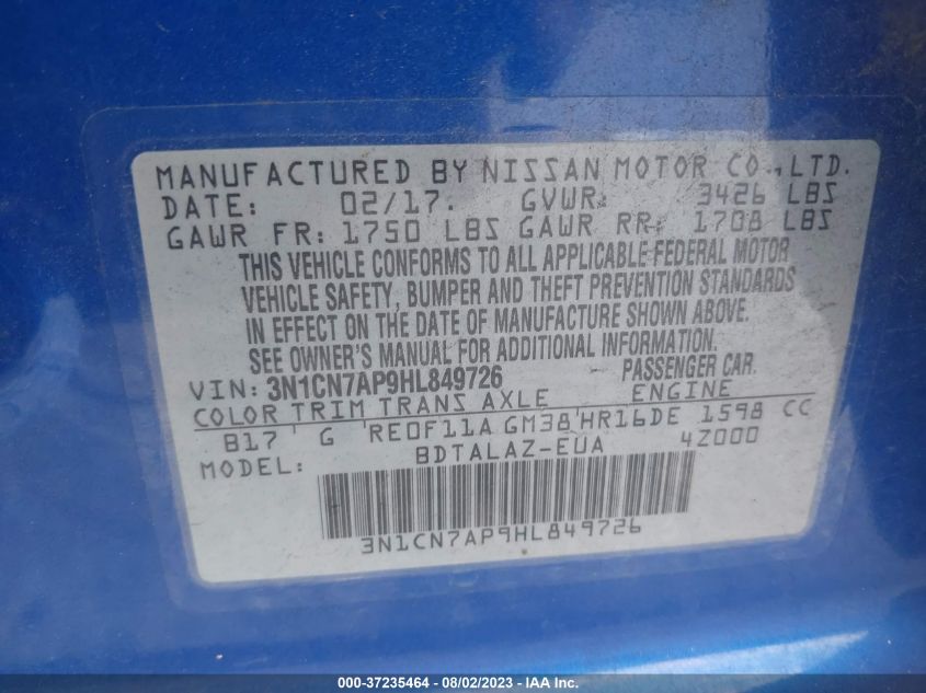 2017 NISSAN VERSA SEDAN S PLUS - 3N1CN7AP9HL849726