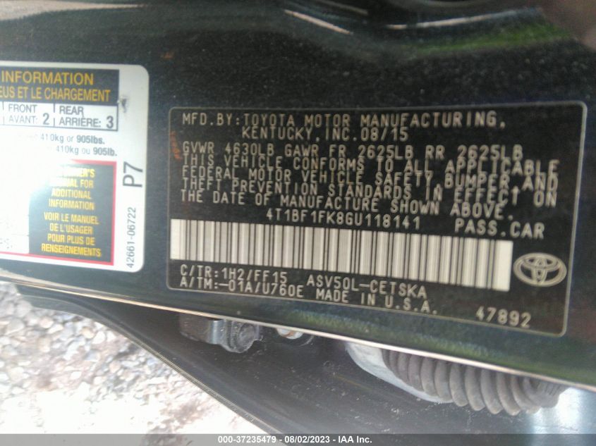 2016 TOYOTA CAMRY XLE/SE/LE/XSE - 4T1BF1FK8GU118141