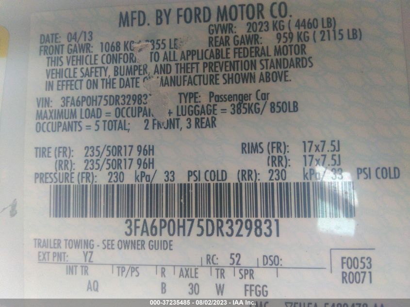 2013 FORD FUSION SE - 3FA6P0H75DR329831