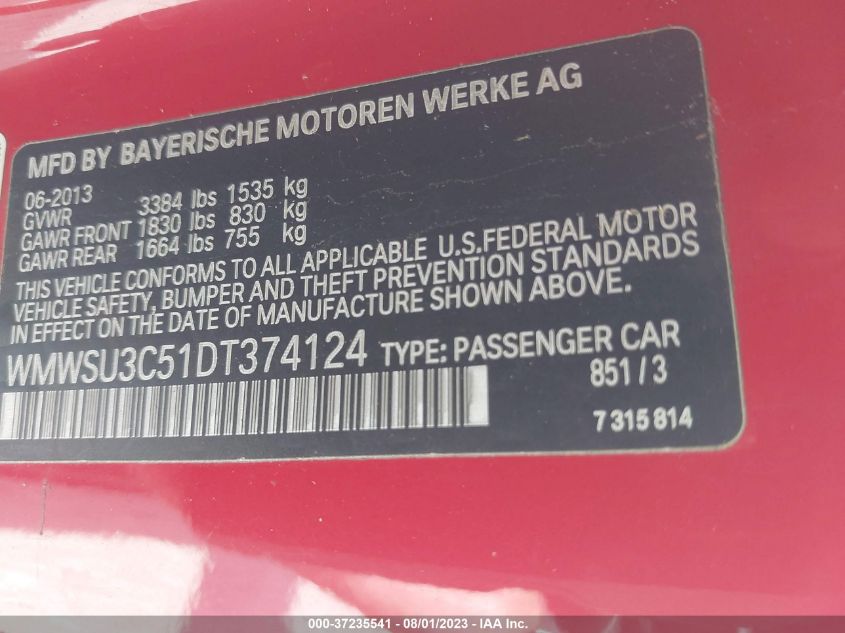 2013 MINI COOPER HARDTOP WMWSU3C51DT374124