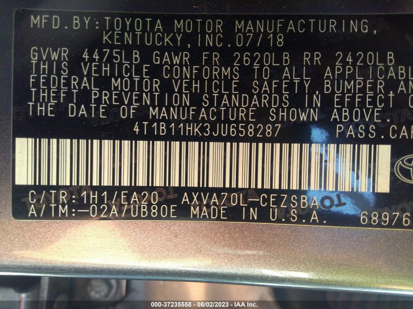 2018 TOYOTA CAMRY LE/SE/XLE/L - 4T1B11HK3JU658287