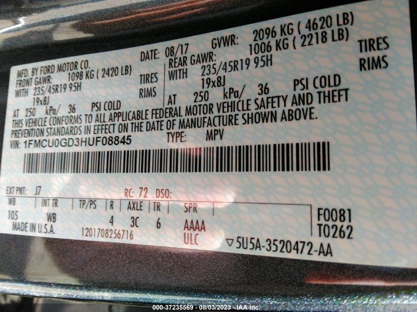 2017 FORD ESCAPE SE - 1FMCU0GD3HUF08845
