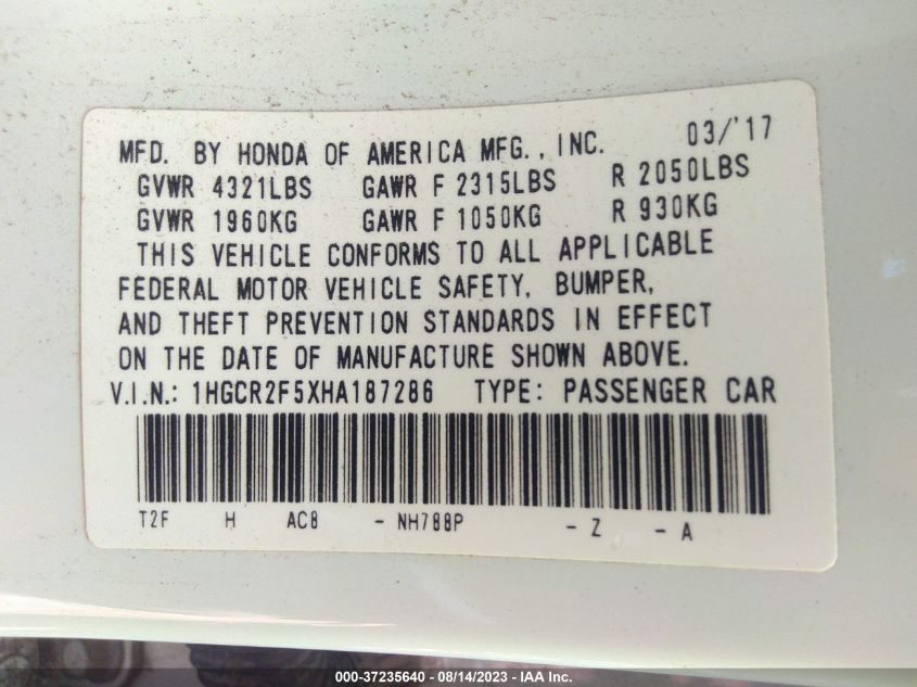 2017 HONDA ACCORD SEDAN SPORT - 1HGCR2F5XHA187286