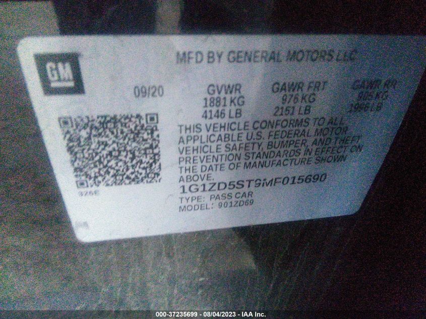 2021 CHEVROLET MALIBU LT - 1G1ZD5ST9MF015690