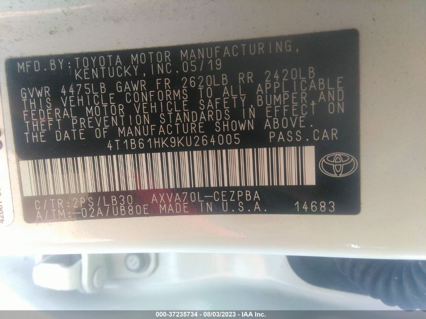 2019 TOYOTA CAMRY XSE - 4T1B61HK9KU264005