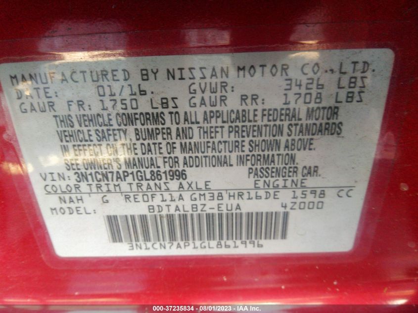 2016 NISSAN VERSA S/S PLUS/SV/SL - 3N1CN7AP1GL861996