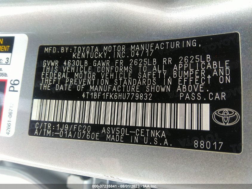 2017 TOYOTA CAMRY XLE/SE/LE/XSE - 4T1BF1FK6HU779832