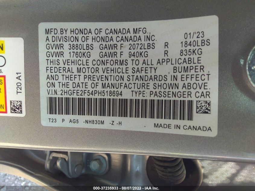 2023 HONDA CIVIC SEDAN SPORT - 2HGFE2F54PH518694