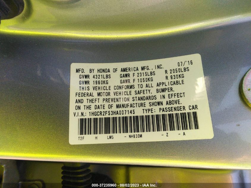 2017 HONDA ACCORD SEDAN SPORT - 1HGCR2F53HA007145