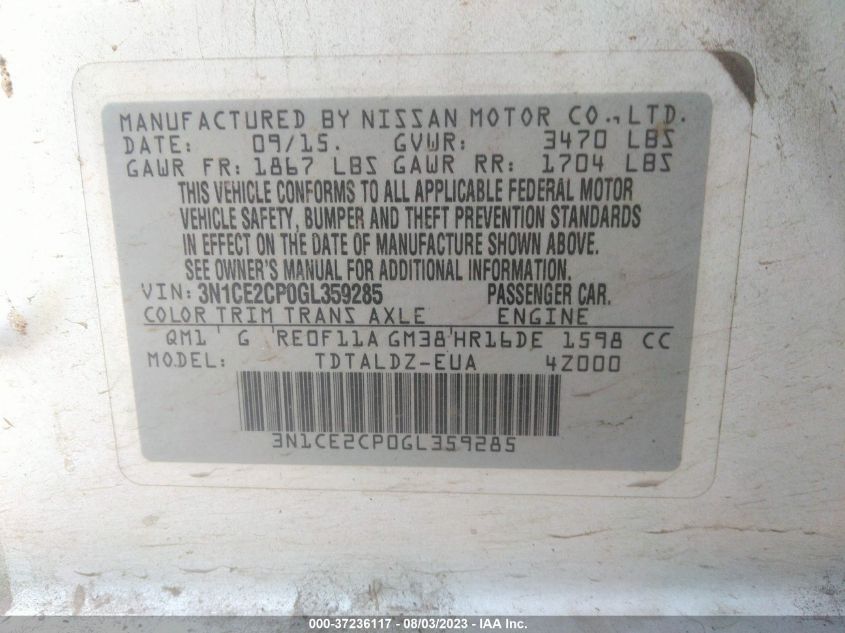 2016 NISSAN VERSA NOTE S/S PLUS/SV/SL/SR - 3N1CE2CP0GL359285