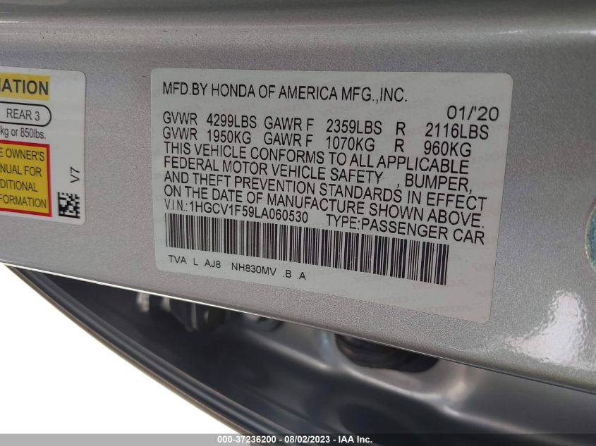 2020 HONDA ACCORD SEDAN EX-L - 1HGCV1F59LA060530
