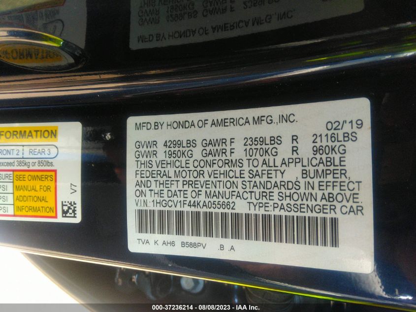 2019 HONDA ACCORD SEDAN EX 1.5T - 1HGCV1F44KA055662