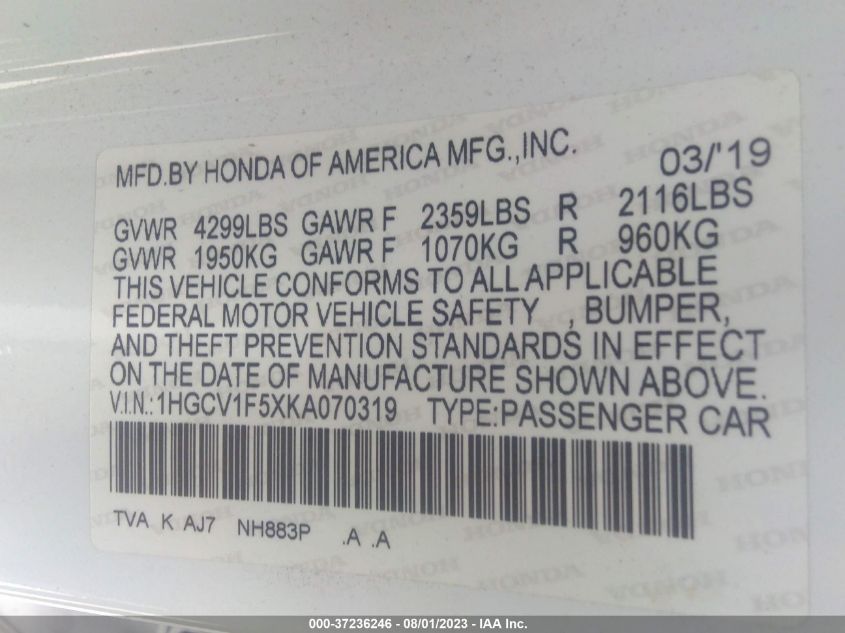 VIN 1HGCV1F5XKA070319 2019 HONDA ACCORD SEDAN EX-L 1.5T