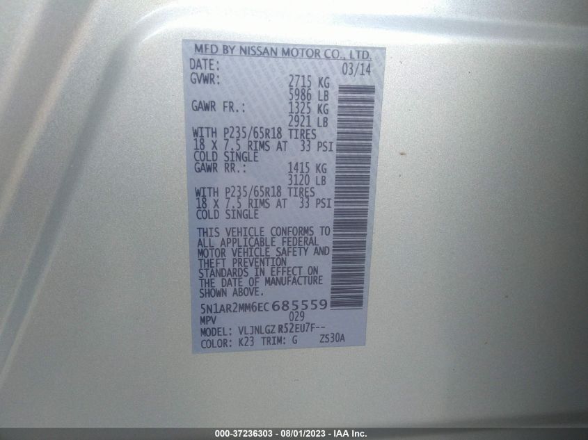 2014 NISSAN PATHFINDER SL - 5N1AR2MM6EC685559