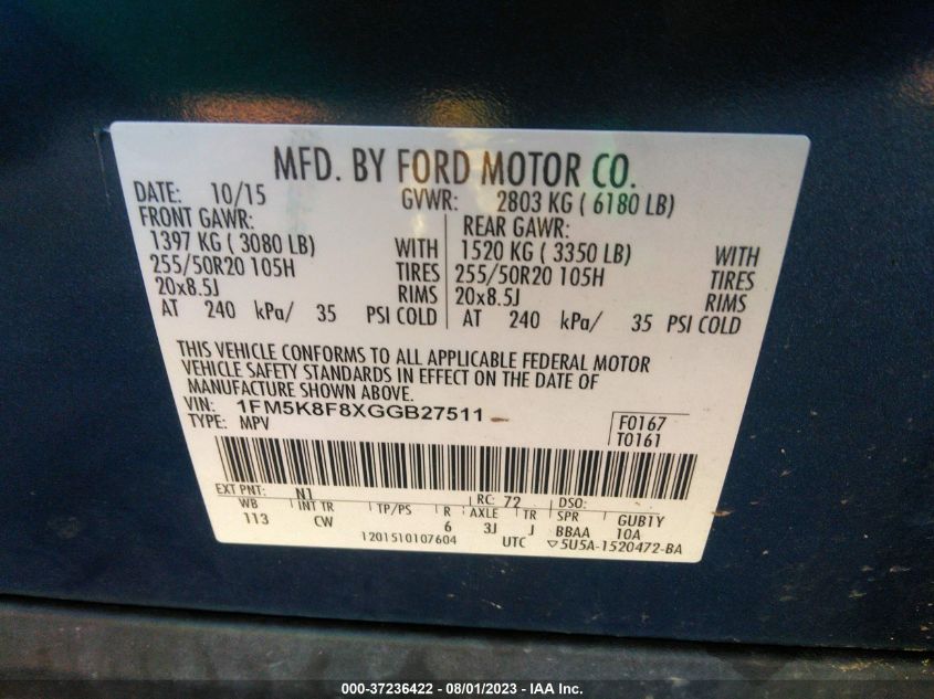 2016 FORD EXPLORER LIMITED - 1FM5K8F8XGGB27511
