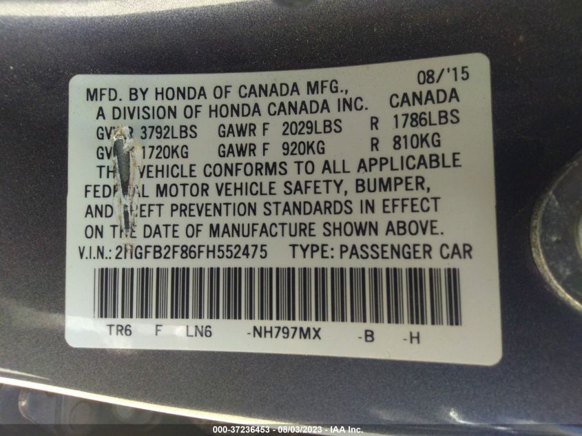 2015 HONDA CIVIC SEDAN EX - 2HGFB2F86FH552475