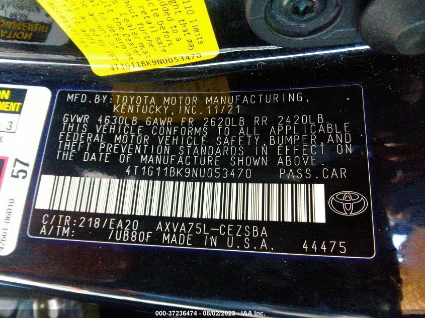 2022 TOYOTA CAMRY SE/SE NIGHT SHADE - 4T1G11BK9NU053470