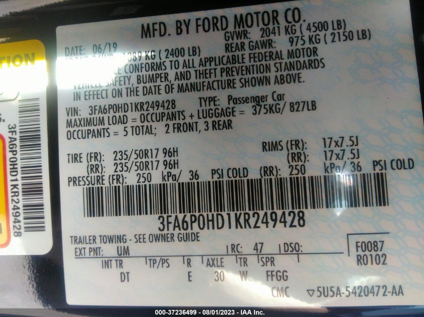 3FA6P0HD1KR249428 Ford Fusion SE 9