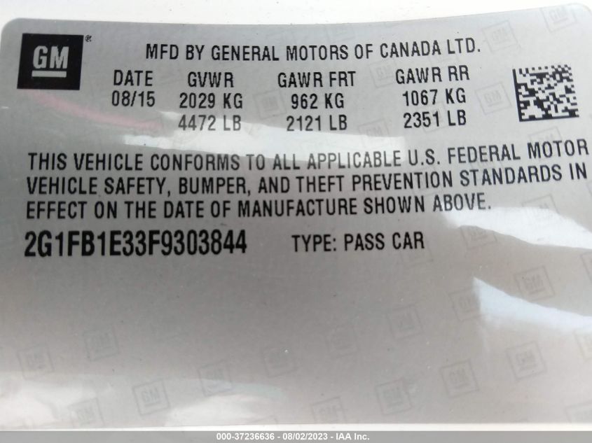 2015 CHEVROLET CAMARO LS - 2G1FB1E33F9303844