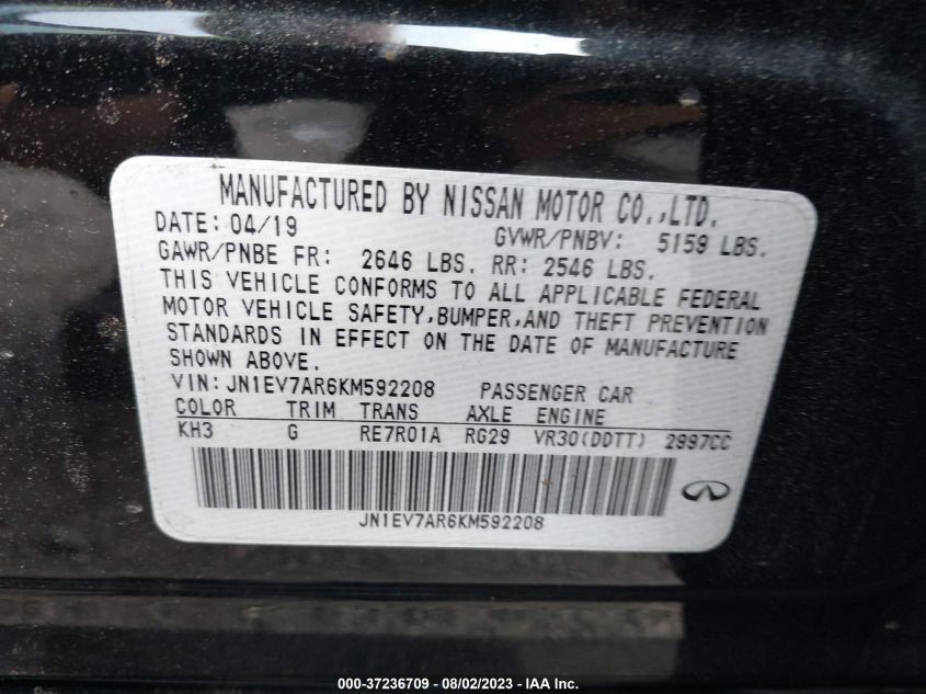 2019 INFINITI Q50 3.0T SIGNATURE EDITION - JN1EV7AR6KM592208