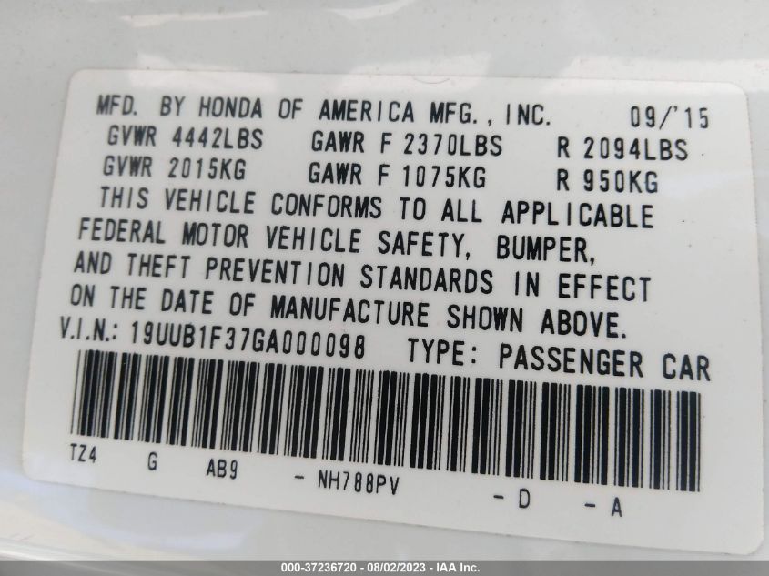 2016 ACURA TLX - 19UUB1F37GA000098