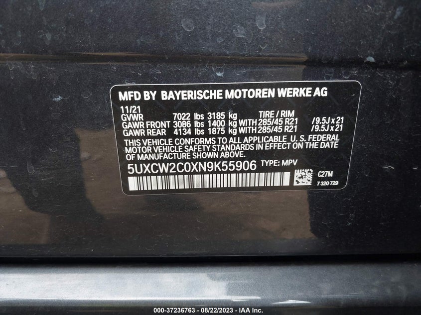 VIN 5UXCW2C0XN9K55906 2022 BMW X7 XDRIVE40I