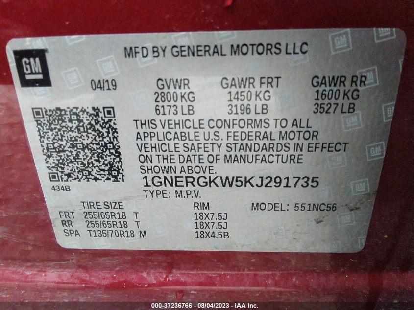 1GNERGKW5KJ291735 Chevrolet Traverse LT CLOTH 9