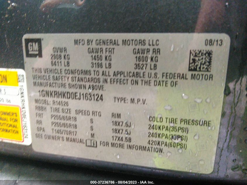 2014 CHEVROLET TRAVERSE LT - 1GNKRHKD0EJ163124