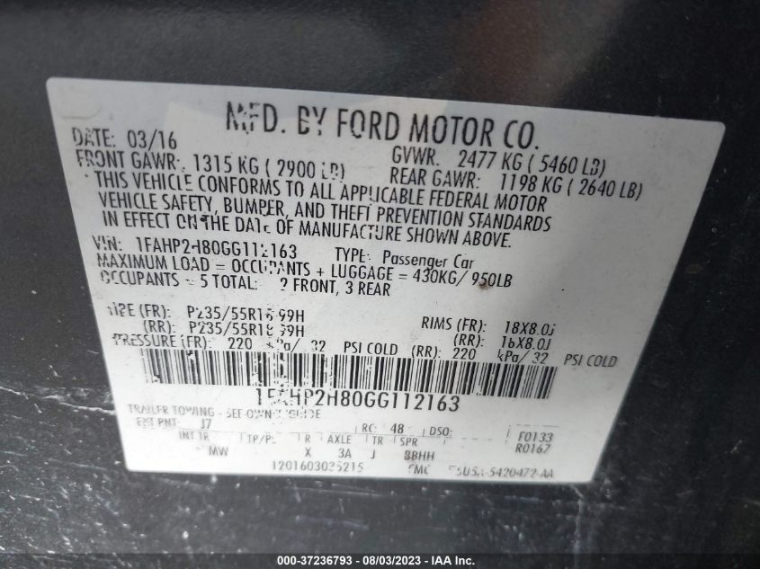 2016 FORD TAURUS SEL - 1FAHP2H80GG112163