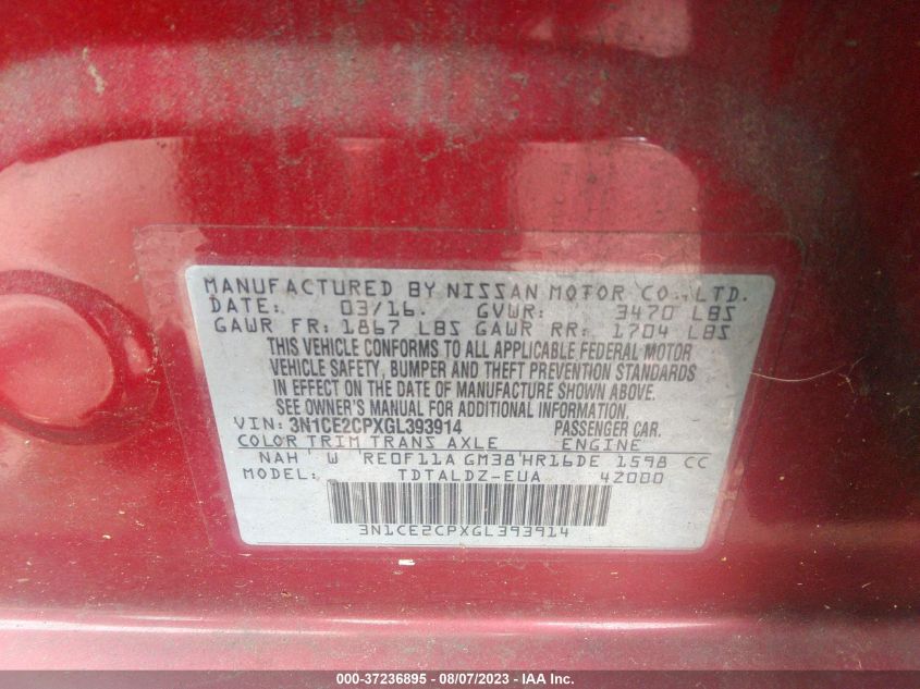 2016 NISSAN VERSA NOTE SV - 3N1CE2CPXGL393914