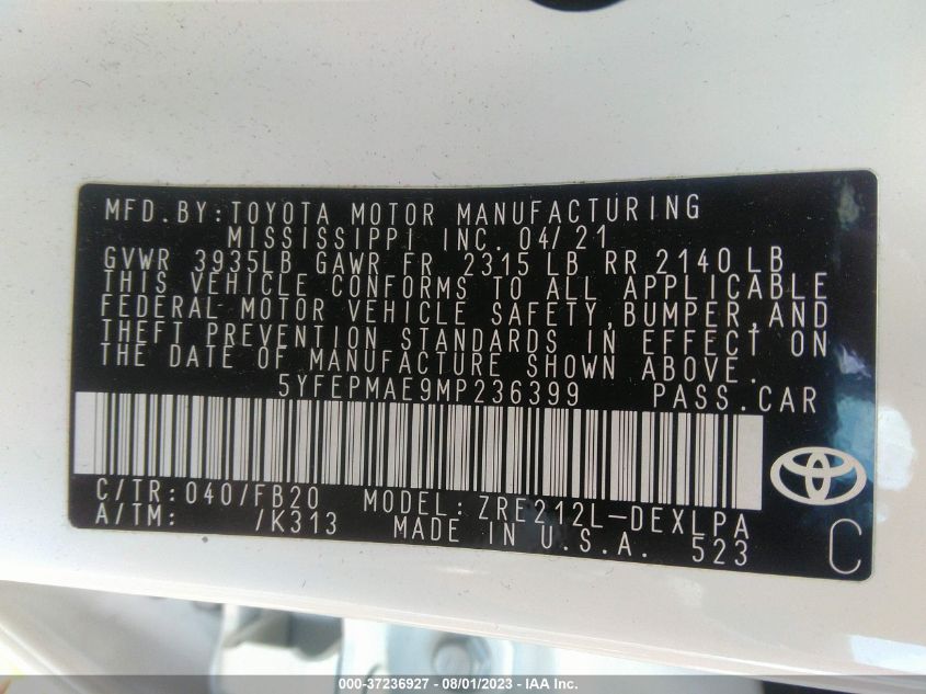 2021 TOYOTA COROLLA LE - 5YFEPMAE9MP236399