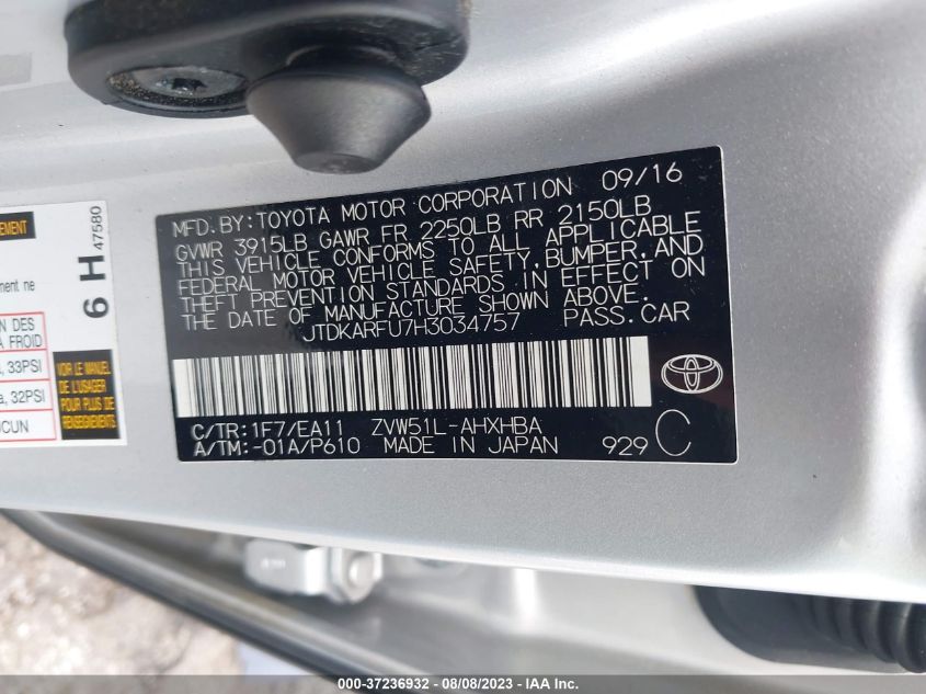 2017 TOYOTA PRIUS TWO/TWO ECO/THREE - JTDKARFU7H3034757