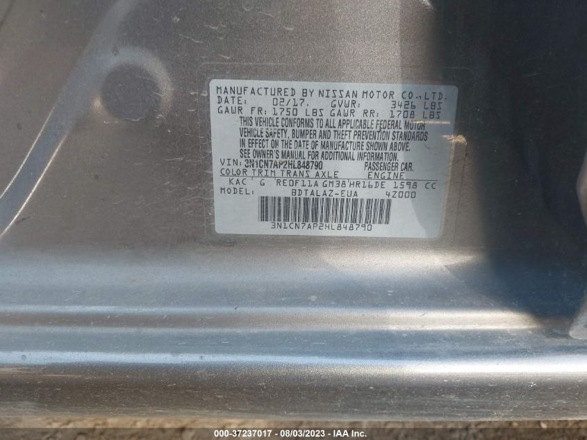 2017 NISSAN VERSA SEDAN S PLUS - 3N1CN7AP2HL848790