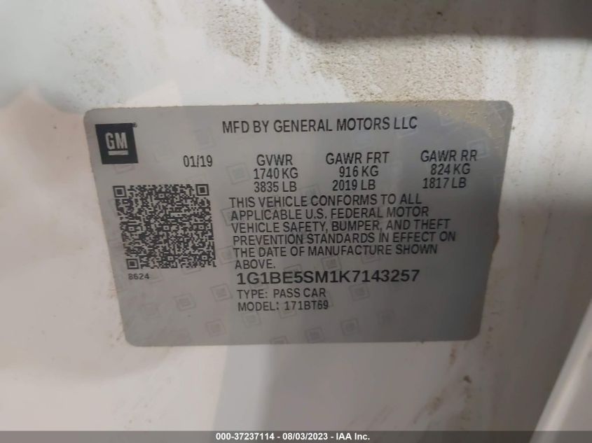 2019 CHEVROLET CRUZE LT - 1G1BE5SM1K7143257