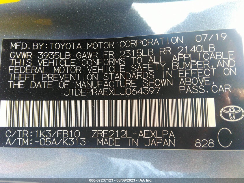 VIN JTDEPRAEXLJ064397 2020 TOYOTA COROLLA LE