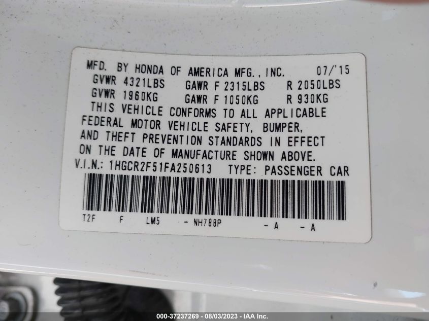 2015 HONDA ACCORD SEDAN SPORT - 1HGCR2F51FA250613